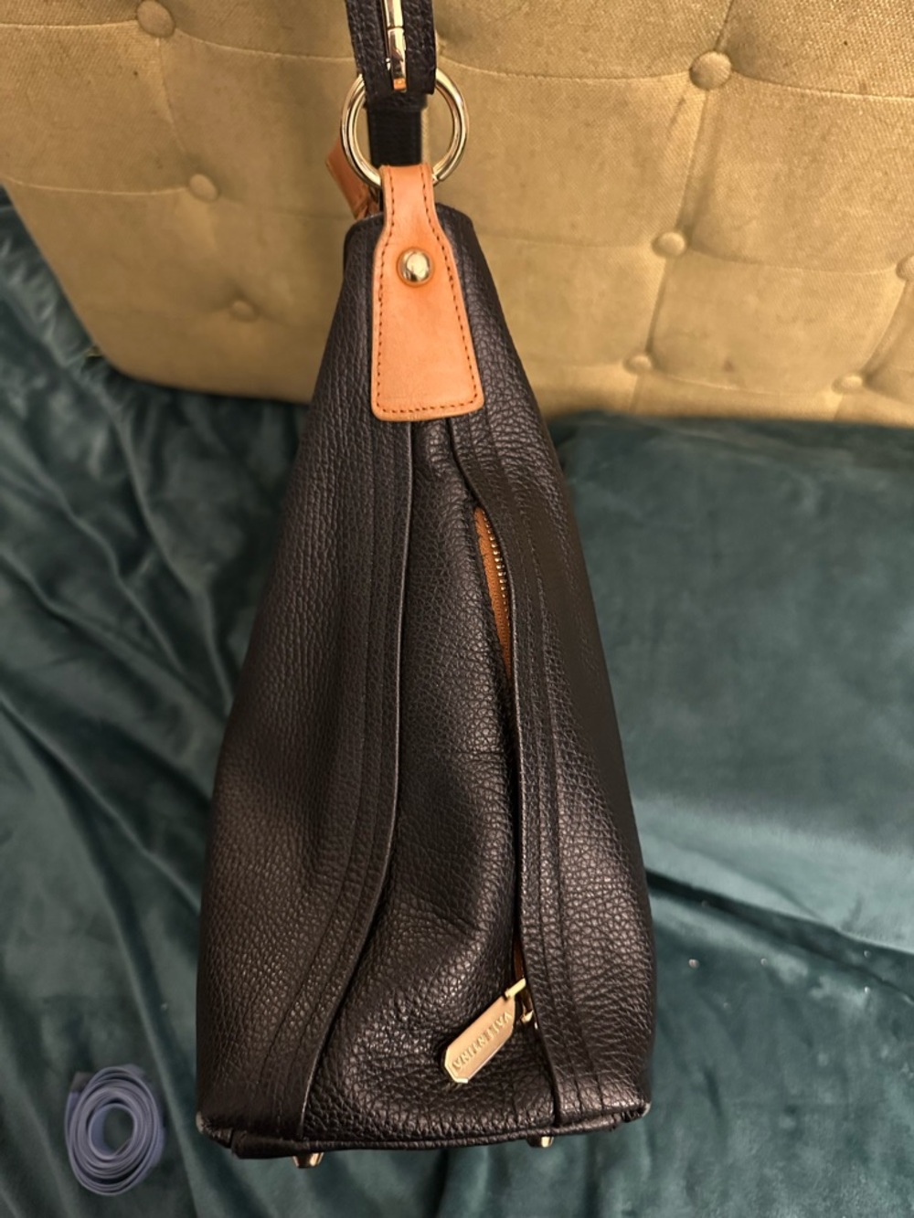 Valentina Black Pebbled Leather Shoulder Bag with Tan Accents - Picture 12 of 16